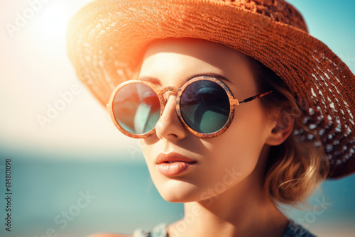 Young woman on a sea vacation. Portrait of a young woman in hat and sunglasses at a seaside resort. Generative AI 