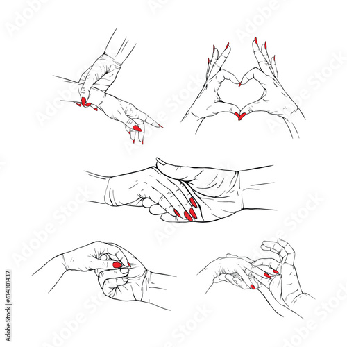 Set love, romatic, couple, valentine red neils hand collection drawn gesture sketch vector illustration line art photo