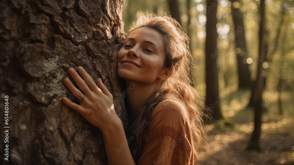 Pretty woman hugging a big tree in the middle of the forest on a sunny day. Generative AI Pretty woman hugging a big tree in the middle of the forest on a sunny day. Generative AI