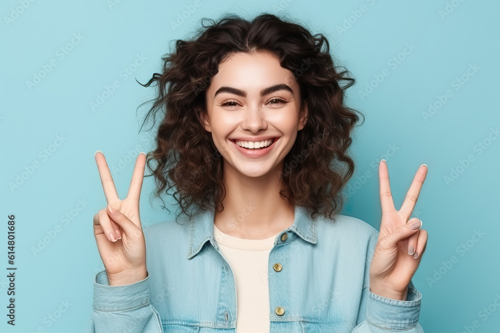Friendly pretty woman smiling to camera and making the victory sign with his hands, isolated on pastel blue. Generative AI Friendly pretty woman smiling to camera and making the victory sign with his hands, isolated on pastel blue. Generative AI
