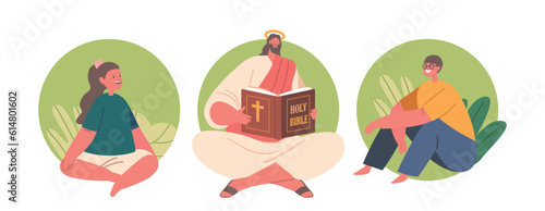 Isolated Round Icons of Jesus Character Captivates Children By Reading The Bible, Sharing Timeless Stories Of Love