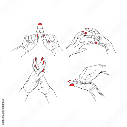 Set red neils two hand collection drawn gesture sketch vector illustration line art
