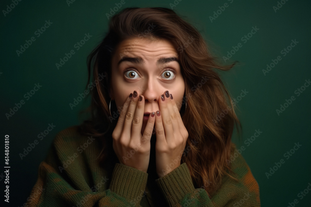 Beautiful young woman expressing surprise with thumb up isolated on green. Generative AI Beautiful young woman expressing surprise with thumb up isolated on green. Generative AI