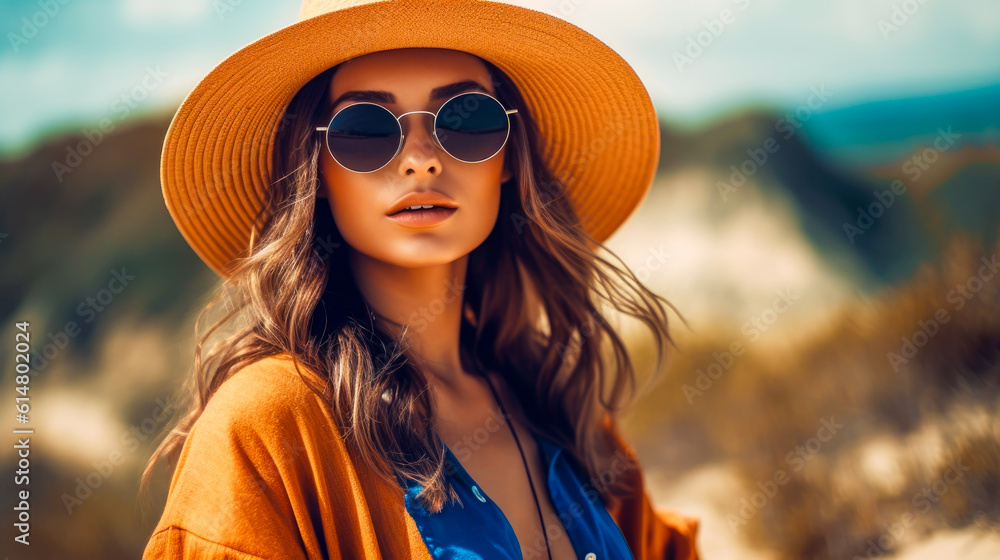 Young woman on a sea vacation. Portrait of a young woman in hat and sunglasses at a seaside resort. Generative AI Young woman on a sea vacation. Portrait of a young woman in hat and sunglasses at a seaside resort. Generative AI