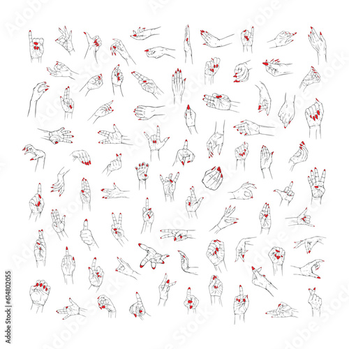 Set red neils hand collection drawn gesture sketch vector illustration line art. Pattern similiar