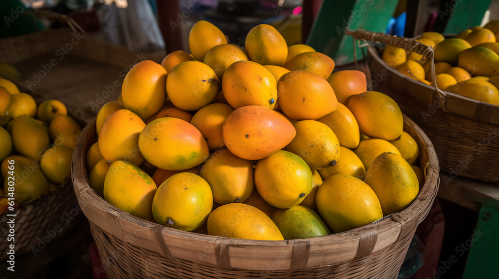 a display of vibrant mangoes showcased at a bustling fruit stand. The mangoes are ripe and luscious, exhibiting their rich golden or orange hues. Each mango is perfectly shaped