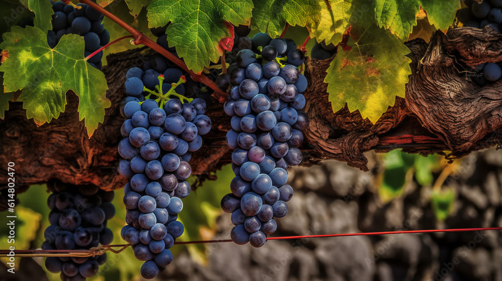 Fototapeta premium a cluster of grapes hangs gracefully on a vine. The grapes, still attached to the vine, showcase their rich colors