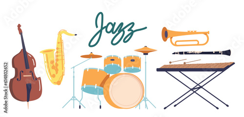 Set Of Musical Jazz Instruments Saxophone, Trumpet, Double Bass, Drum Kit, Xylophone And Clarinet, Vector Illustration