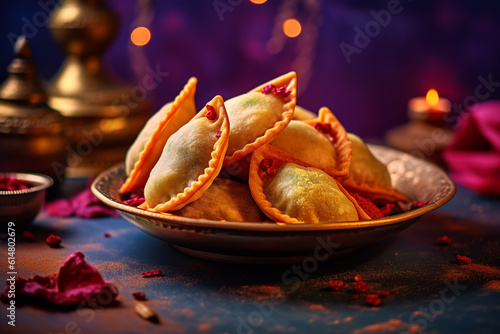 Gujiya or gujia or karanji - sweet dumplings made during the festival of holi and diwali, served in a plate.ai generative photo