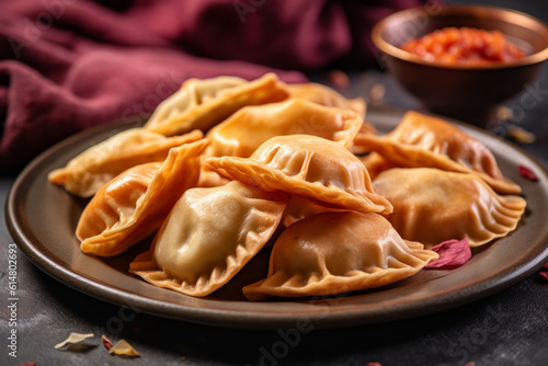 Gujiya or gujia or karanji - sweet dumplings made during the festival of holi and diwali, served in a plate.ai generative