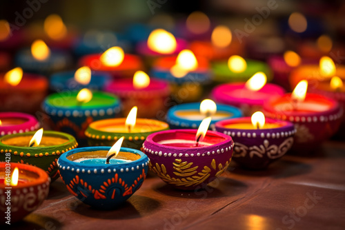 Fotomurale Happy Diwali - beautiful clay diya lamps lit during Diwali celebration