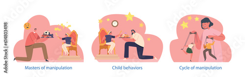 Isolated Elements with Children Manipulating Parents like Puppets. Boy Asserting Power On Throne, Exhibiting Authority