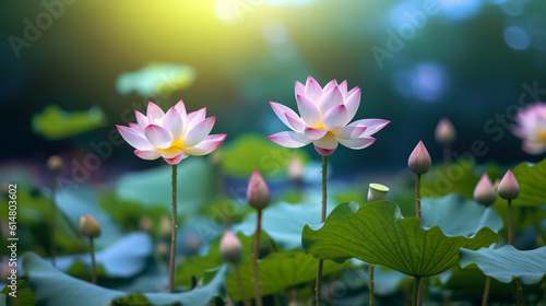 Pink lotus flowers or water lily flowers blooming on the pond.ai generative