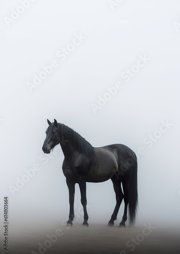 Beautiful japanese black horse on a monochrome shot. Minimalist photography of a black horse. Black horse stands in the fog. Realistic 3D illustration. Generative AI