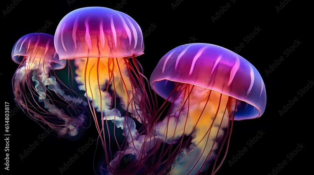 glowing sea jellyfishes on dark background. generative ai