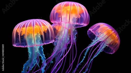 ethereal beauty of Moon jellyfish as they gracefully glide through the water. dark background. generative ai