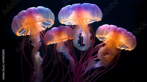 glowing sea jellyfishes on dark background. generative ai © Sodapeaw