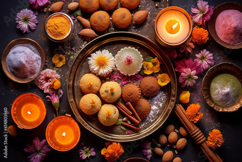 Indian festive Diwali background with sweets. Gulab jamun, carrot halva, snacks with candles, flowers. Assorted Indian desserts. Festive table. view from above. ai generative