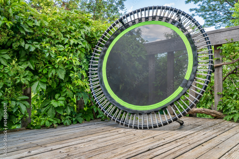mini trampoline for fitness exercising and rebounding in a backyard patio, summer scenery