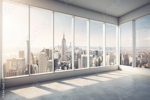 Skyline a High Rise Window. Gorgeous real estate with a view. Interior skyscrapers view cityscape mockup of a blank room with a white wall. the day. In the middle of day