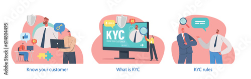 Kyc Themed Isolated Elements with Characters Perform Know Your Customer Process Implemented By Businesses