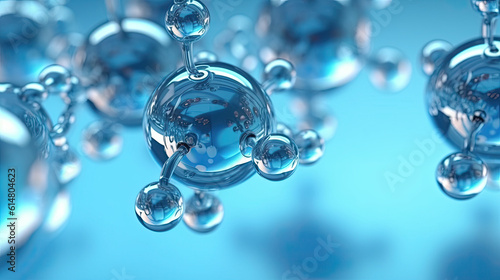 Abstract glass molecules floating in blue fluid background with selective focus - environment, water or clean energy concept