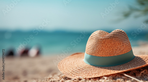 Sun-Kissed Vibes: Close-Up of Straw Hat and Sunglasses on the Beach. Generative AI