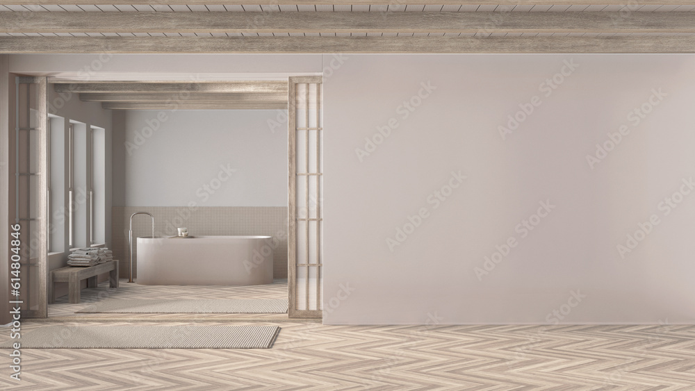 Fototapeta premium Minimal japandi bathroom in bleached wooden and white tones. Mockup with copy space. Freestanding bathtub, carpet, mosaic tiles and herringbone parquet. Modern interior design