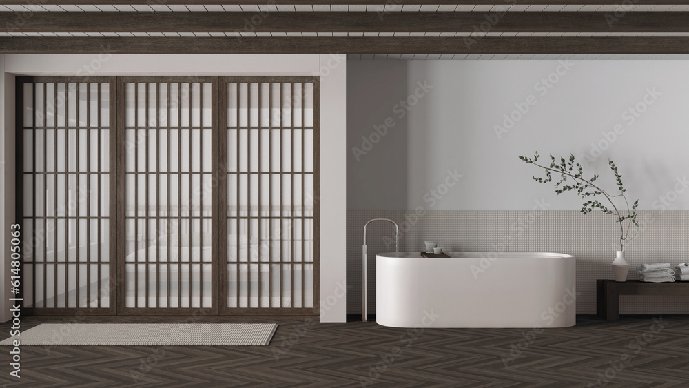Minimal japandi bathroom in dark wooden and white tones. Paper sliding ...