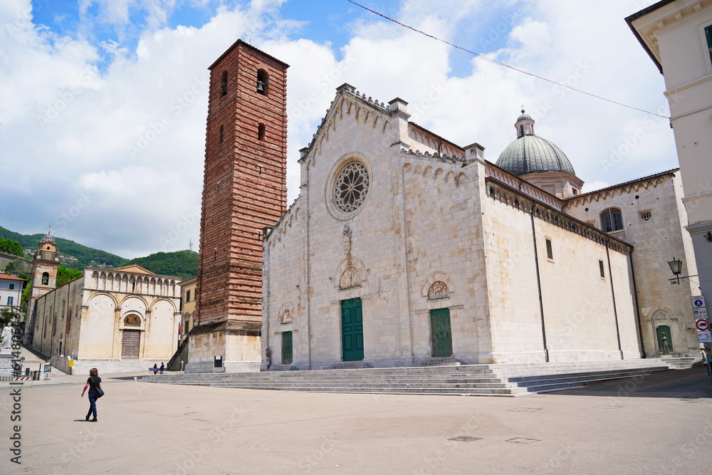 Pietrasanta, Tuscany. View of the main square and Cathedral, the church of San Martino, Italy