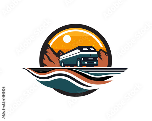 bus logo with mountains and sun, transportation agency logo, vector eps file