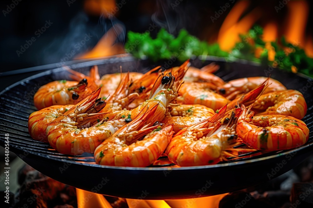 Shrimps cooked on barbecue over the hot coals and fire. Generative Ai image Shrimps cooked on barbecue over the hot coals and fire. Generative Ai image