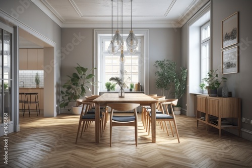 The dining room has a retro minimalist interior. Modern apartment with parquet flooring, arched walkways, and use of wood material and light gray cloth. Generative AI