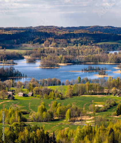 Spring landscape by lake Ežezers Latvia, in the countryside of Latgale.