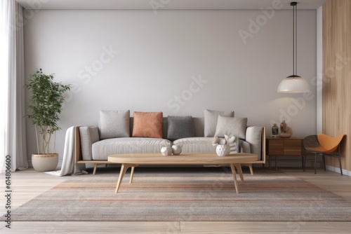 Stylish Living Room Interior featuring a wooden table, a grey couch, and an empty wall. Concept mockup. Generative AI