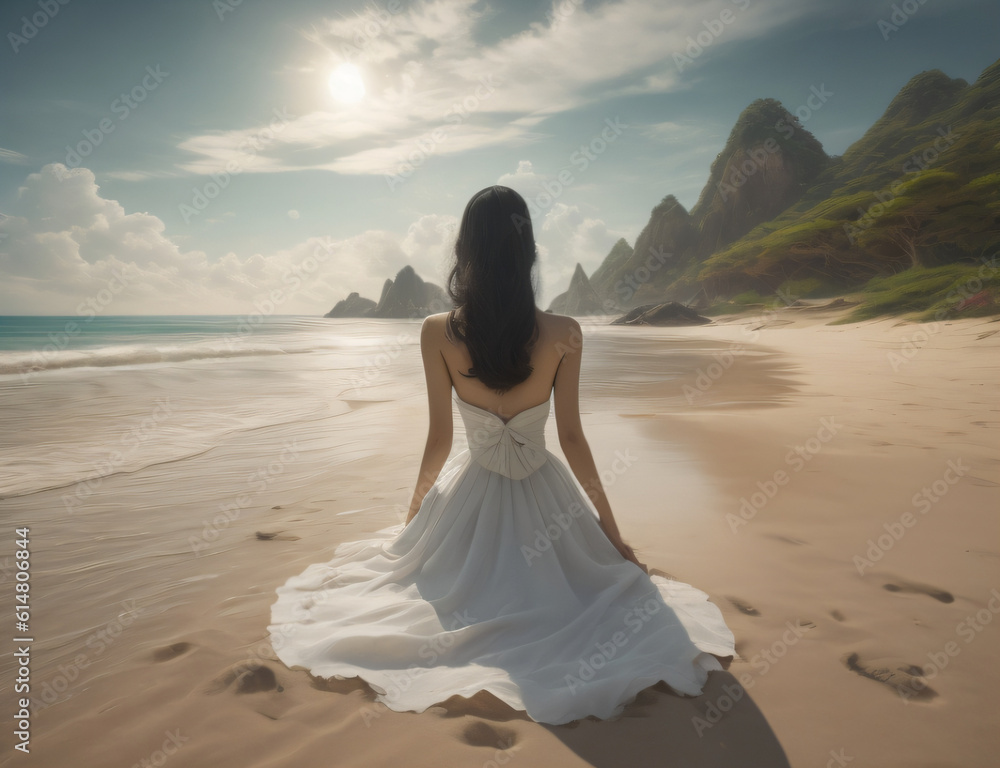 Generative AI - Bride sitting alone on beach Generative AI - Bride sitting alone on beach