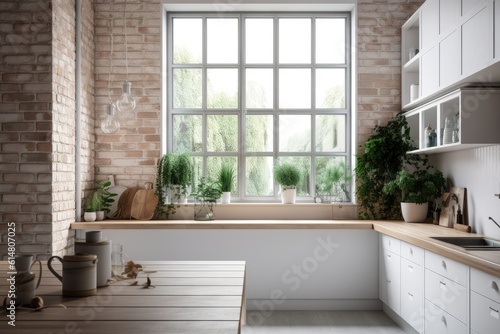 showcasing an interior Scandinavian kitchen through a white window with a potted plant on an exterior brick wall, on a blank background with copy space,. Generative AI © Vusal