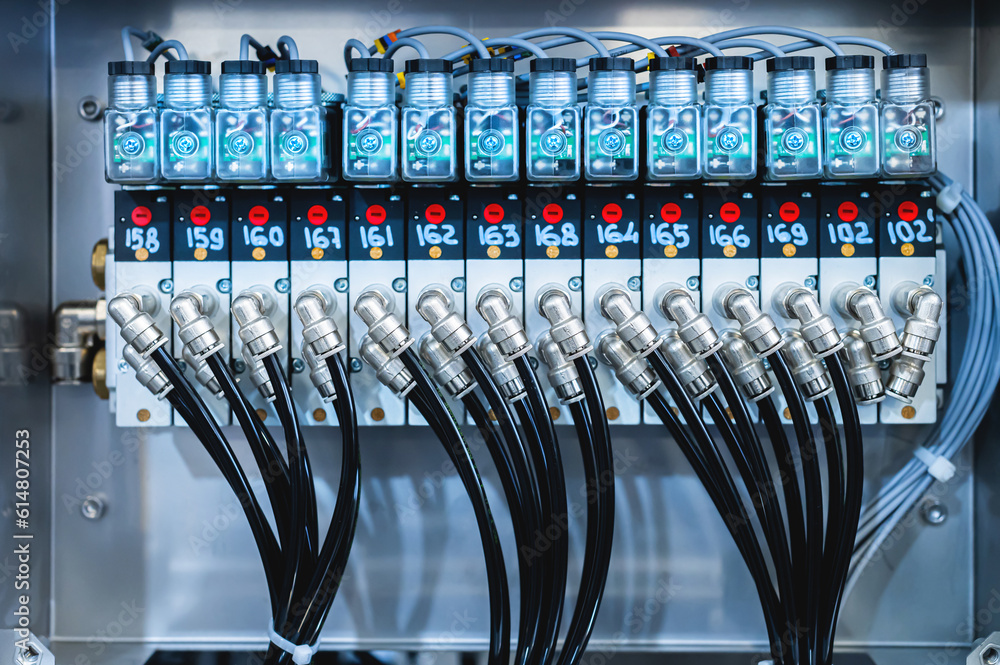 Pneumatic control board in production. Distributor of pneumatic control