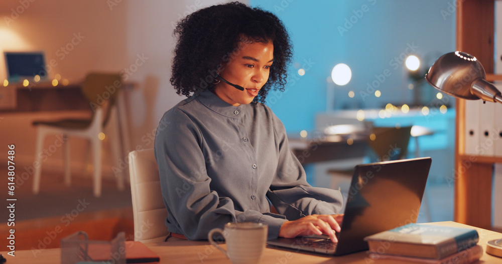 Laptop, customer service and working from home work with a business black womanat night for support. Contact us, smile and consulting with a happy female employee doing remote work in her house Laptop, customer service and working from home work with a business black womanat night for support. Contact us, smile and consulting with a happy female employee doing remote work in her house