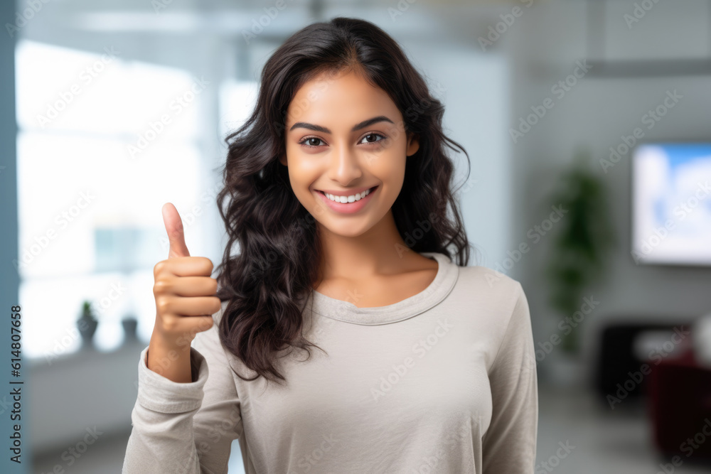 Close up of a woman at work smiling with a thumb up. Generative AI