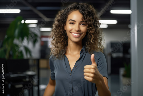 Close up of a woman at work smiling with a thumb up. Generative AI