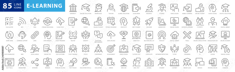 E-learning Black and White icon set. Online education Elements Outline icon set. Thin line icons set. Smart Learning. Online tuition, e-learning, video courses, Graduation, Education Platform ideas.