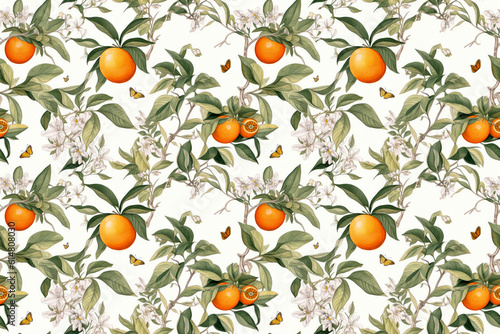 repeat pattern tilable background of oranges, seamless orange fruit background with orange flower blossom and leaf foliage