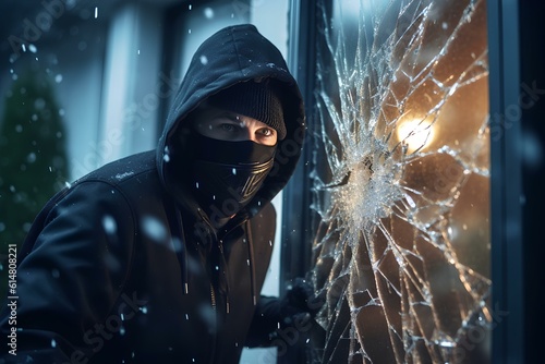 Burglar outside a house dressed in a black hoodie and facemask in front of a broken window, glass shattered around hole. generative AI