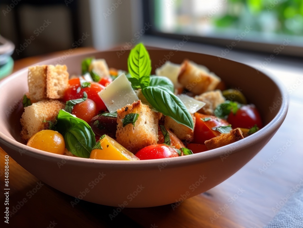 Panzanella with fresh tomatoes, basil, and crusty bread cubes in a shallow white bowl