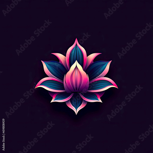 Colorful Lotus flower icon logo  glowing on dark background. Generative AI