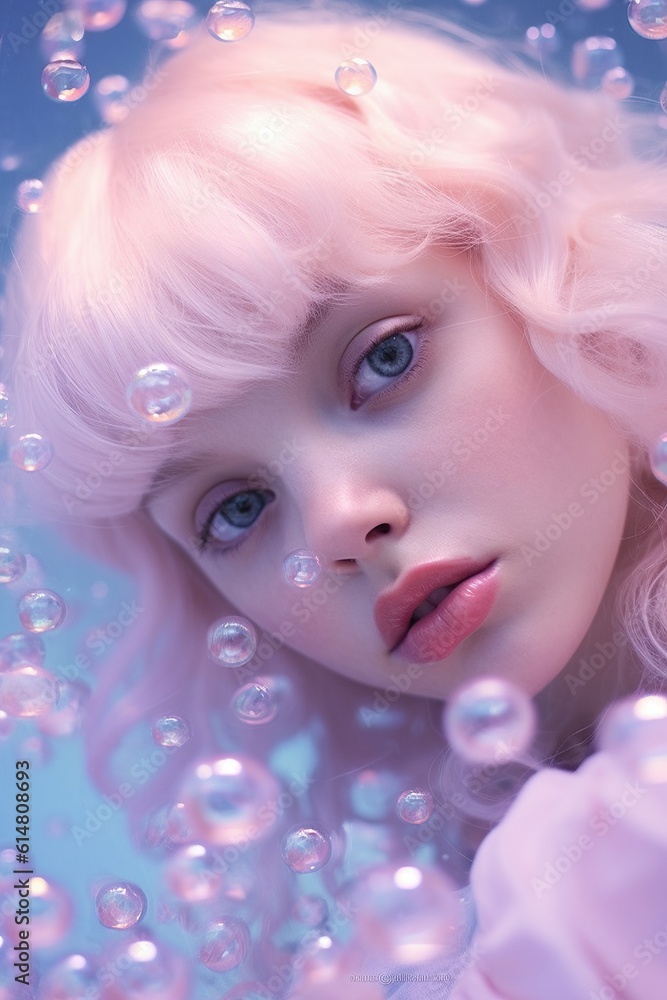 A girl with a dream: surrealist lips, doll-like eyelashes, and a wave of softly colored bubbles, posing playfully with pink hair and personified joy