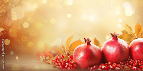 Festive golden banner with pomegranate fruits, bokeh, gold. Generative AI