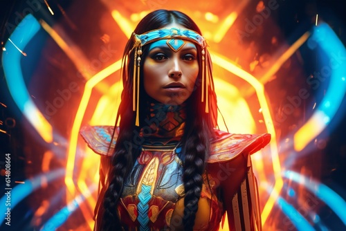 Full body, Beautiful breathtaking Native American First Nations Anime woman comparable to burning Sapphire, Bright luminescent, sleek futuristic gem fashion Generative AI