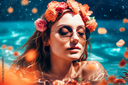 portrait of beauty girl floating in pool surrounded flowers. beauty summer concept. resort concept. generative AI